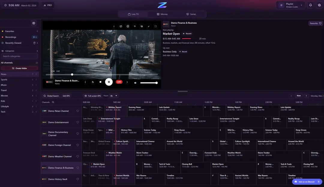 IPTV Player Zero desktop IPTV player showing the programme guide (EPG) grid